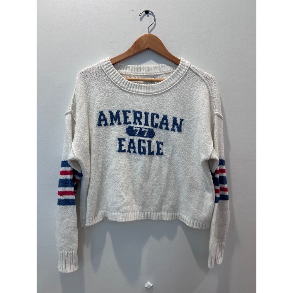 American Eagle Sweater Womens M White Graphic Varsity Stripe Crewneck